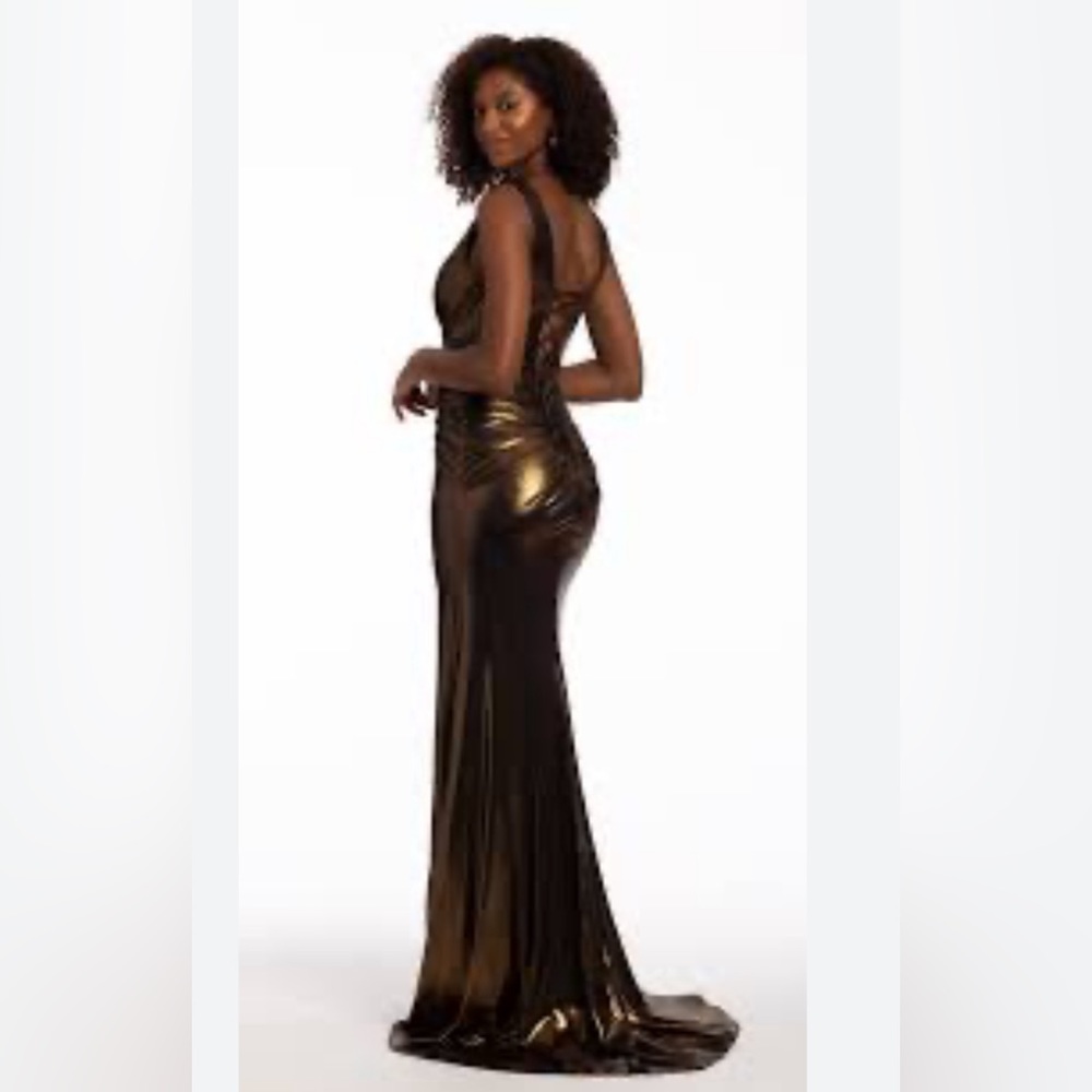 Camille La Vie Plunging metallic foil dress with ruching